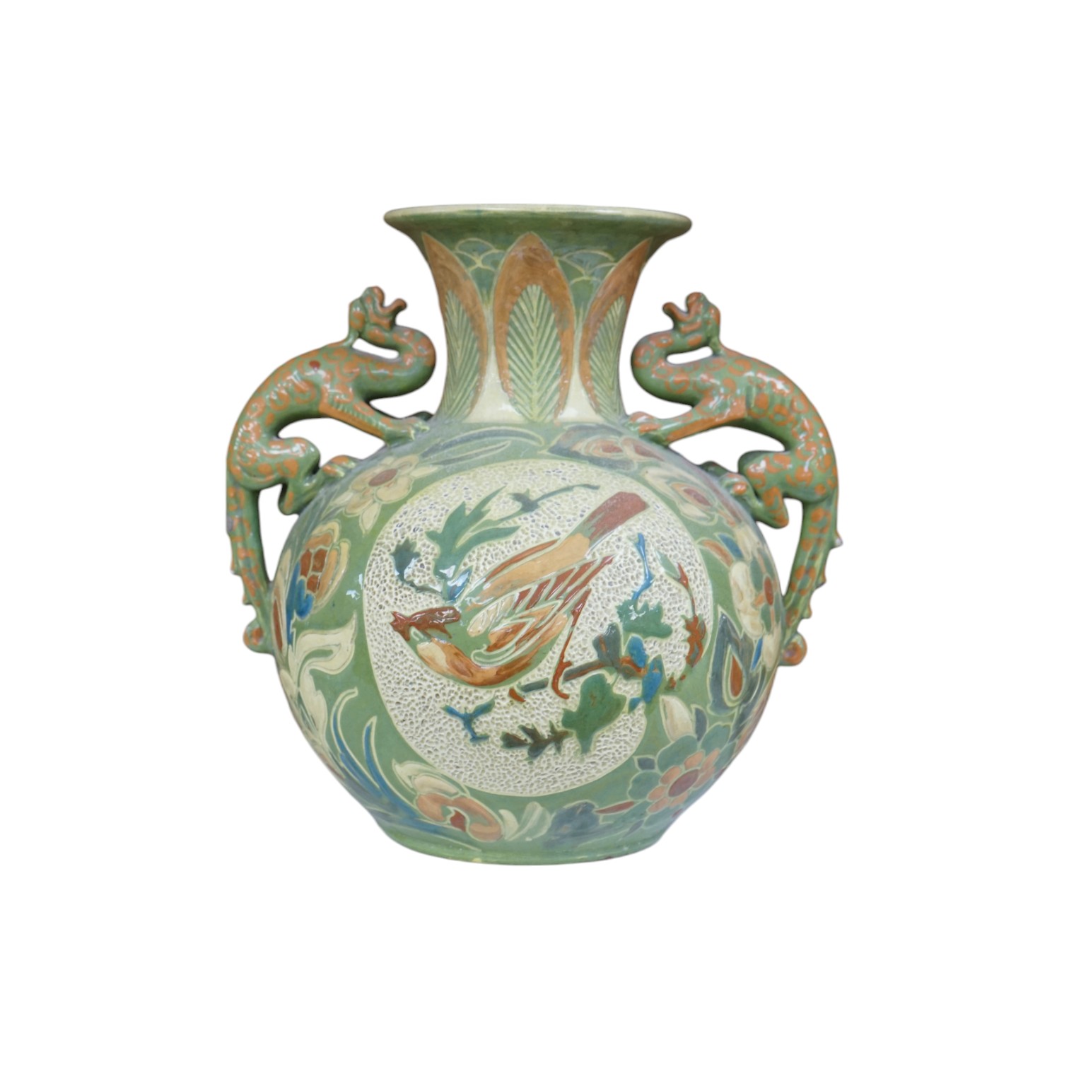 A Brannam, Barnstaple Devon, twin dragon handled vase, signed, 28cm high. Condition - fair